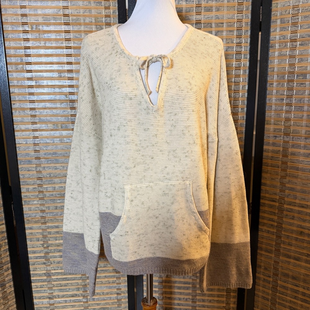 prAna Sweater Womens Large Cream Grey Colorblock Keyhole Boho Knit Pocket